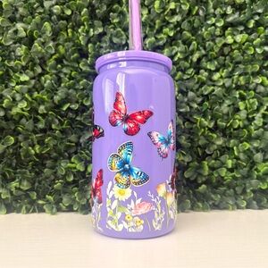 Purple Butterfly Floral 16oz plastic Libbey cup  with Straw